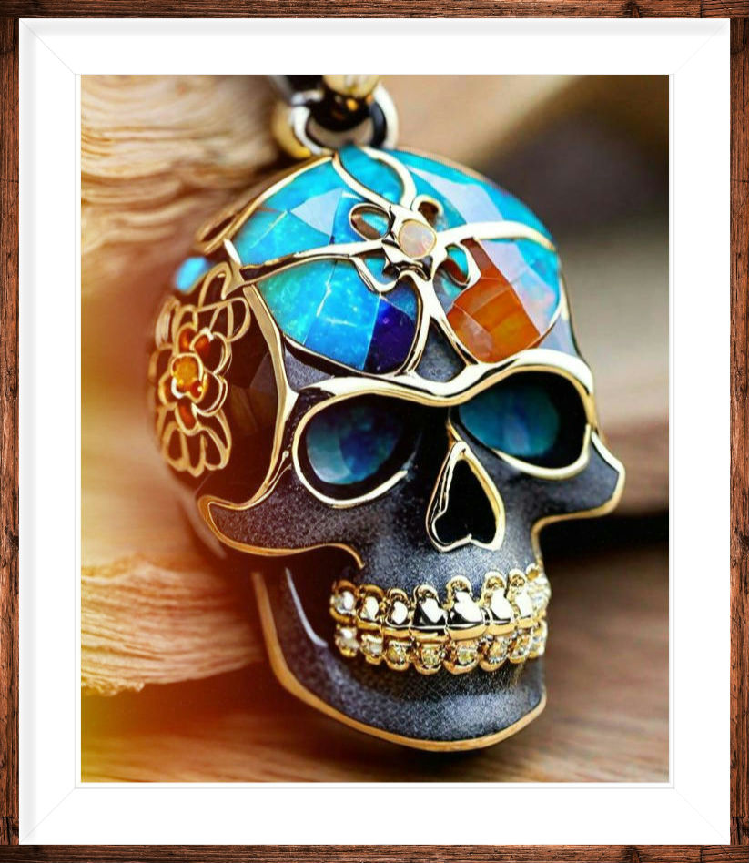 Black skull pendant with embedded blue opal and gold detail 